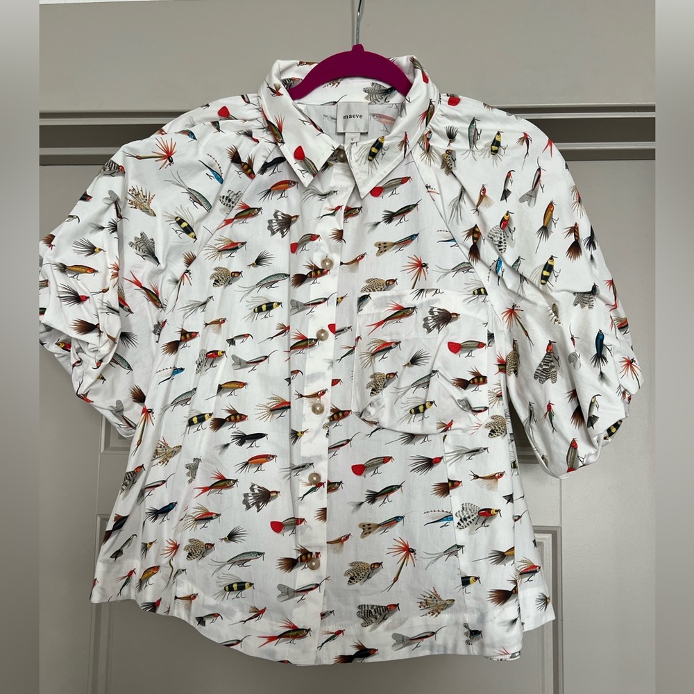 Maeve White Blouse with Colorful Fish Design